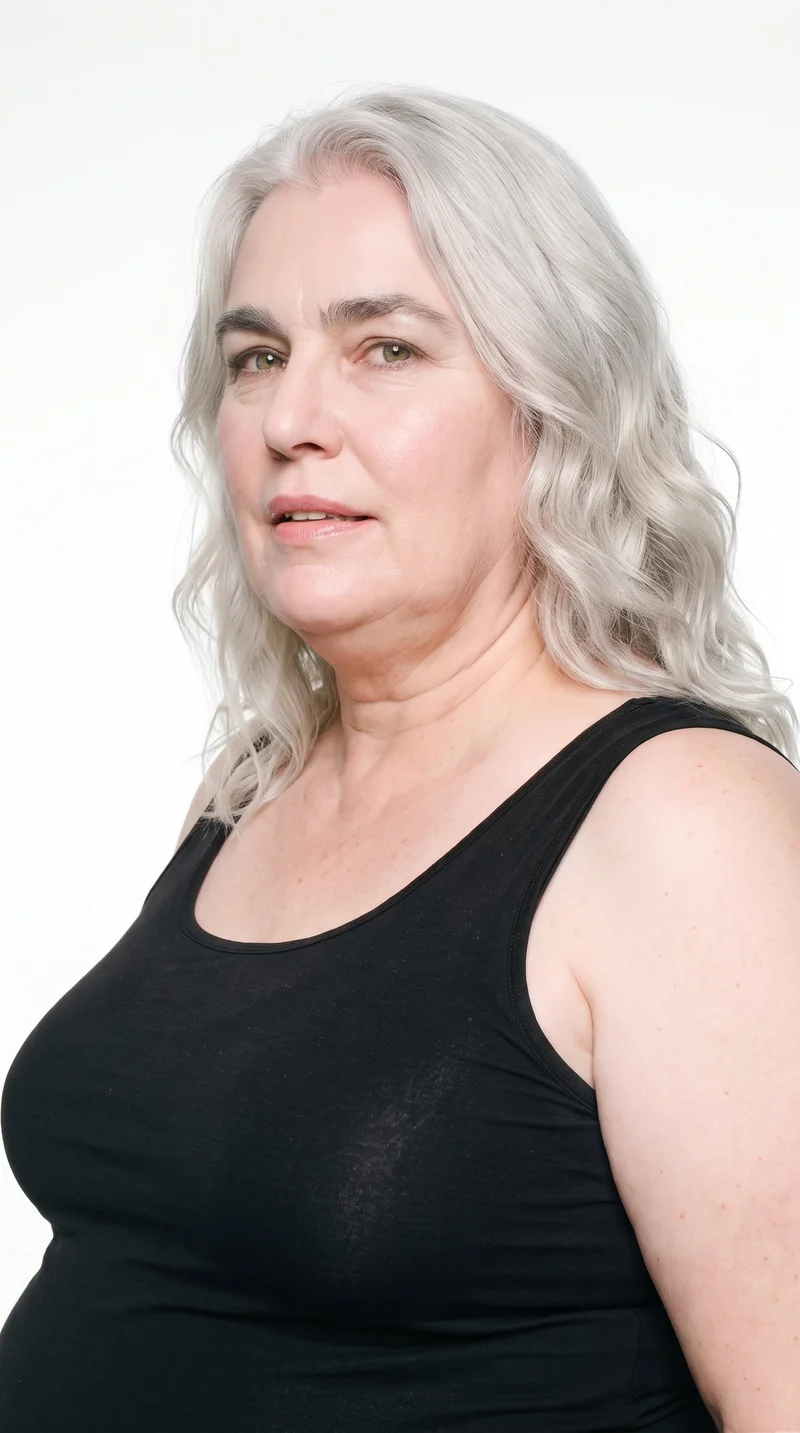 A 56-year-old Caucasian woman has very pale skin with a peach undertone and a square, angular face defined by a strong jaw and broad forehead. Her eyebrows are thick, her eyes are grey with a cool, clear tone, and her lips are thin. She has silver-grey hair styled in loose, slightly tousled waves with natural volume.