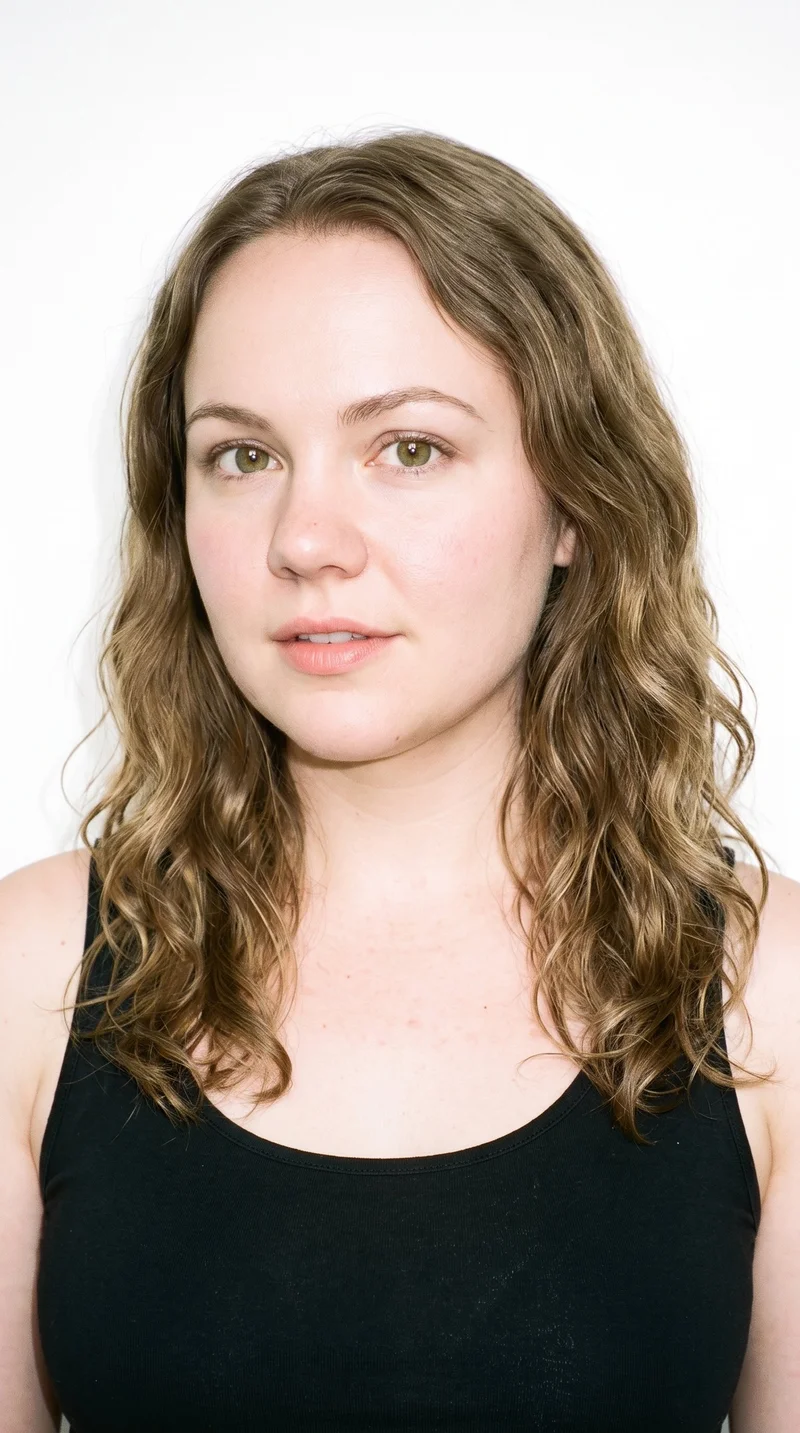 This 32-year-old Caucasian woman has very pale skin with a cool undertone. Her face has soft, youthful features, full cheeks, and rounded contours. She has thick eyebrows, hazel eyes with green-gold flecks, and full lips. Her dark-blonde hair falls in soft waves with gentle movement.