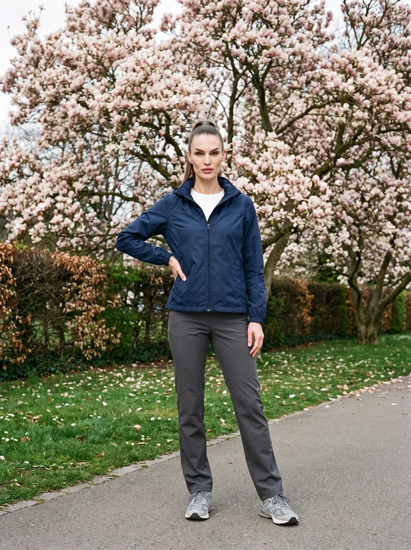 A 35-year-old Caucasian woman wears a navy windbreaker in a full-body front view, standing with one hand on her hip and a neutral expression. A Magnolia Tree Park backdrop is visible behind her.