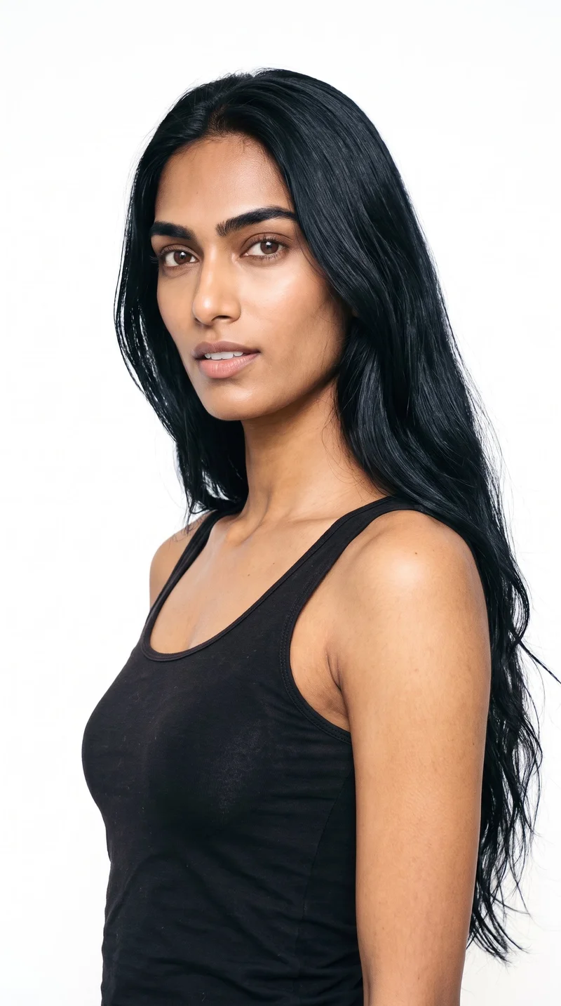 A 21-year-old Indian woman with medium-brown skin and olive-green undertones. Her heart-shaped face has a wider forehead that narrows to a more pointed chin, with thick eyebrows, brown eyes, and full lips. Long, naturally voluminous black hair falls loose past her shoulders.