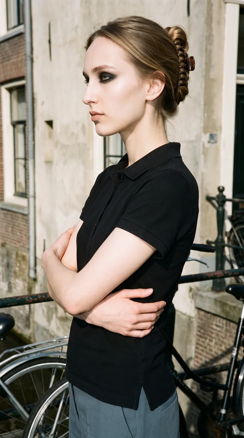 An 18-year-old Slavic woman is shown from the upper body in side view, wearing a black polo shirt and holding herself in a self-hug pose. Her expression is neutral, with a Canal Bridge Bikes backdrop.