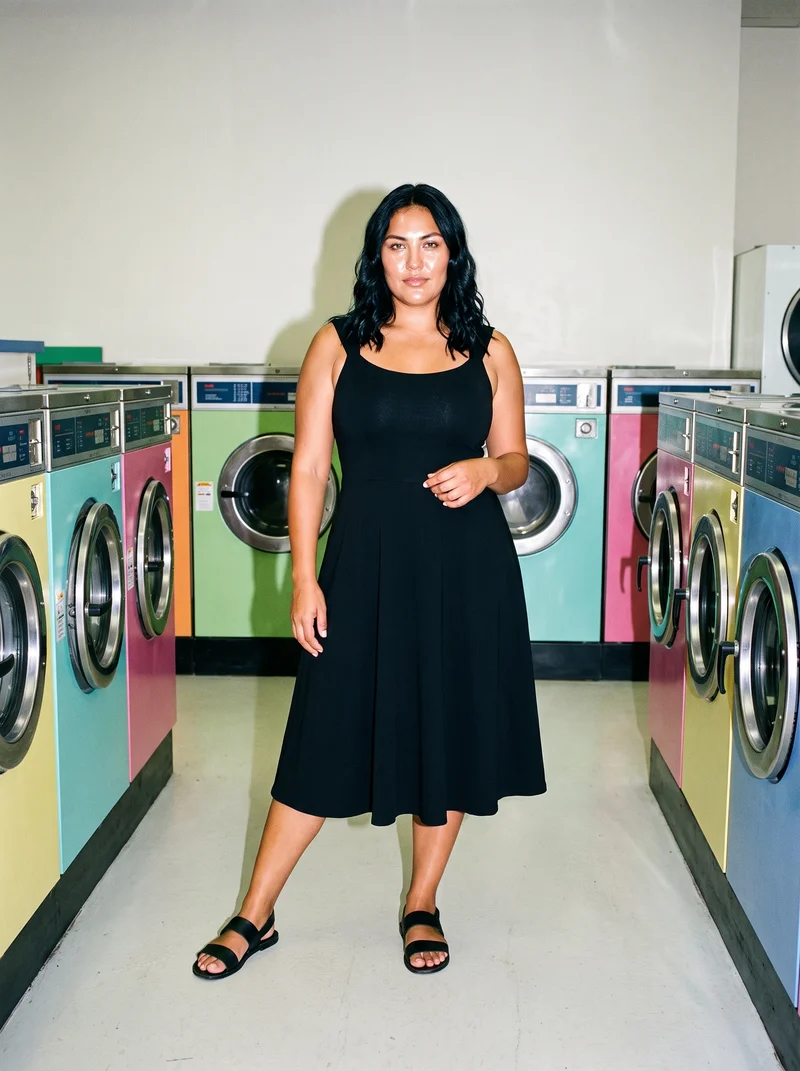 Black Midi Dress, Environmental at Front, Flash Editorial lighting