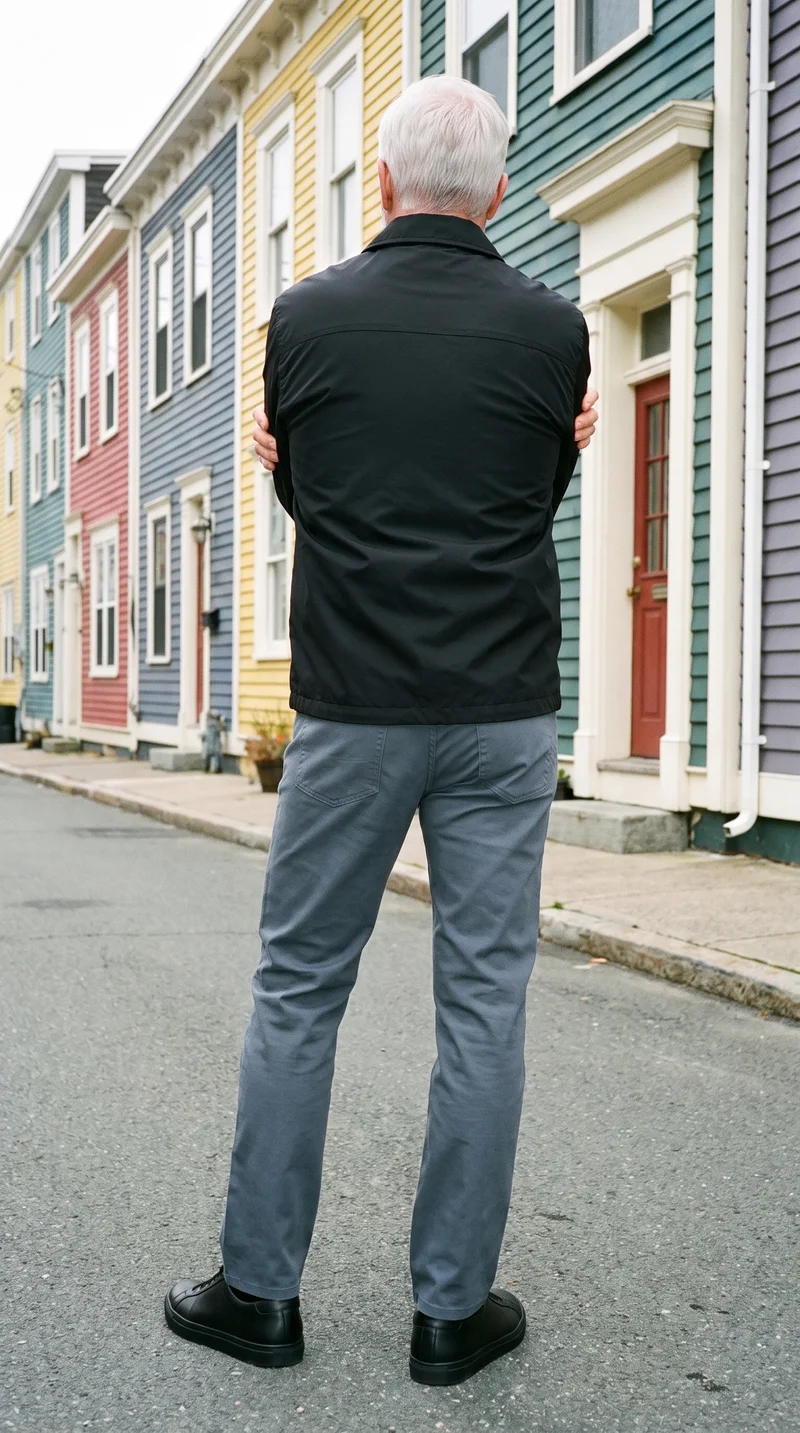 Men's Black Windbreaker, Full body at Back, Clean Catalog lighting