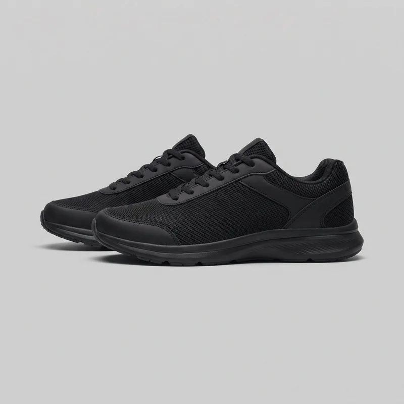 A pair of black low-top running sneakers is shown as a standalone product, with one shoe in a side three-quarter view and the second partially visible behind it. The sneakers have rounded toes, flat laces, padded tongues and ankle collars, mesh panels, smooth stitched overlays, and low cushioned soles with textured sidewalls and visible tread.
