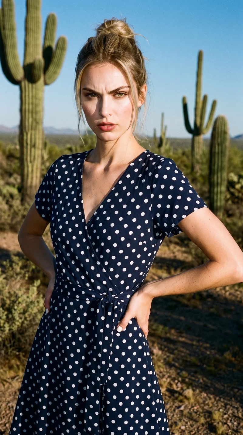 A 25-year-old Slavic woman wears a polka-dot wrap dress in a three-quarter-length, angled-front view. She stands with her hands on her hips and an intense facial expression, against a cactus desert backdrop.