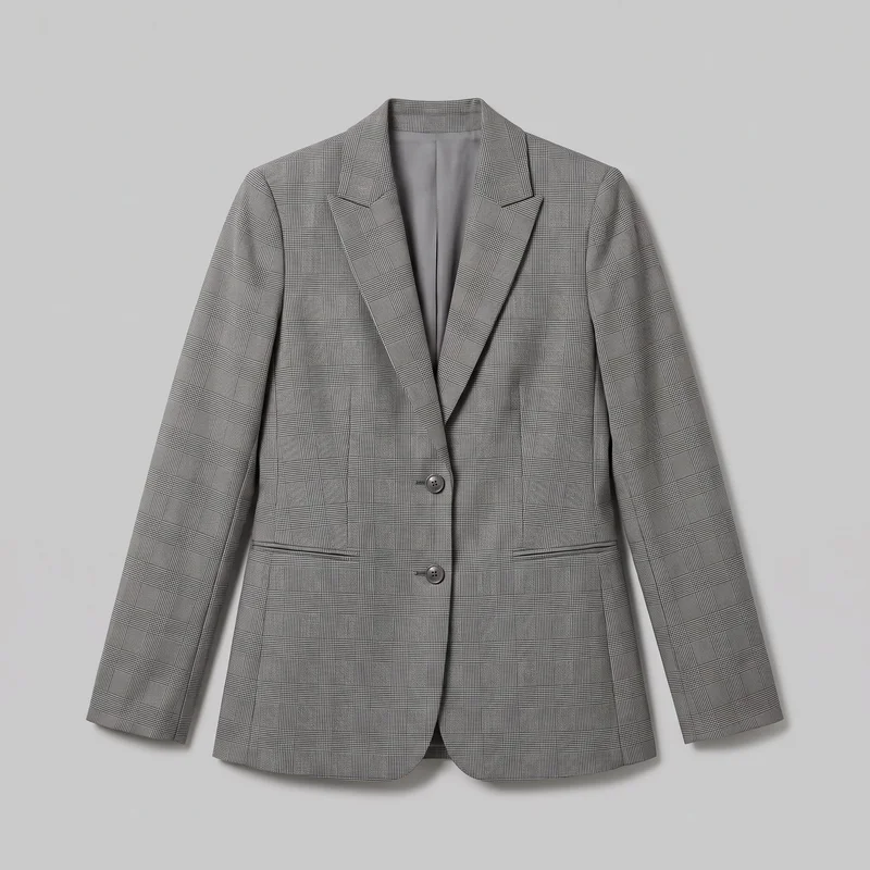 A mostly complete front view of a women's grey checked blazer shown as a standalone product image. The tailored blazer has a structured, waist-shaped silhouette, notched lapels, long sleeves, two front buttons, lower horizontal welt pockets, and a slightly curved hip-length front hem. An all-over windowpane and micro-check plaid pattern covers the exterior.