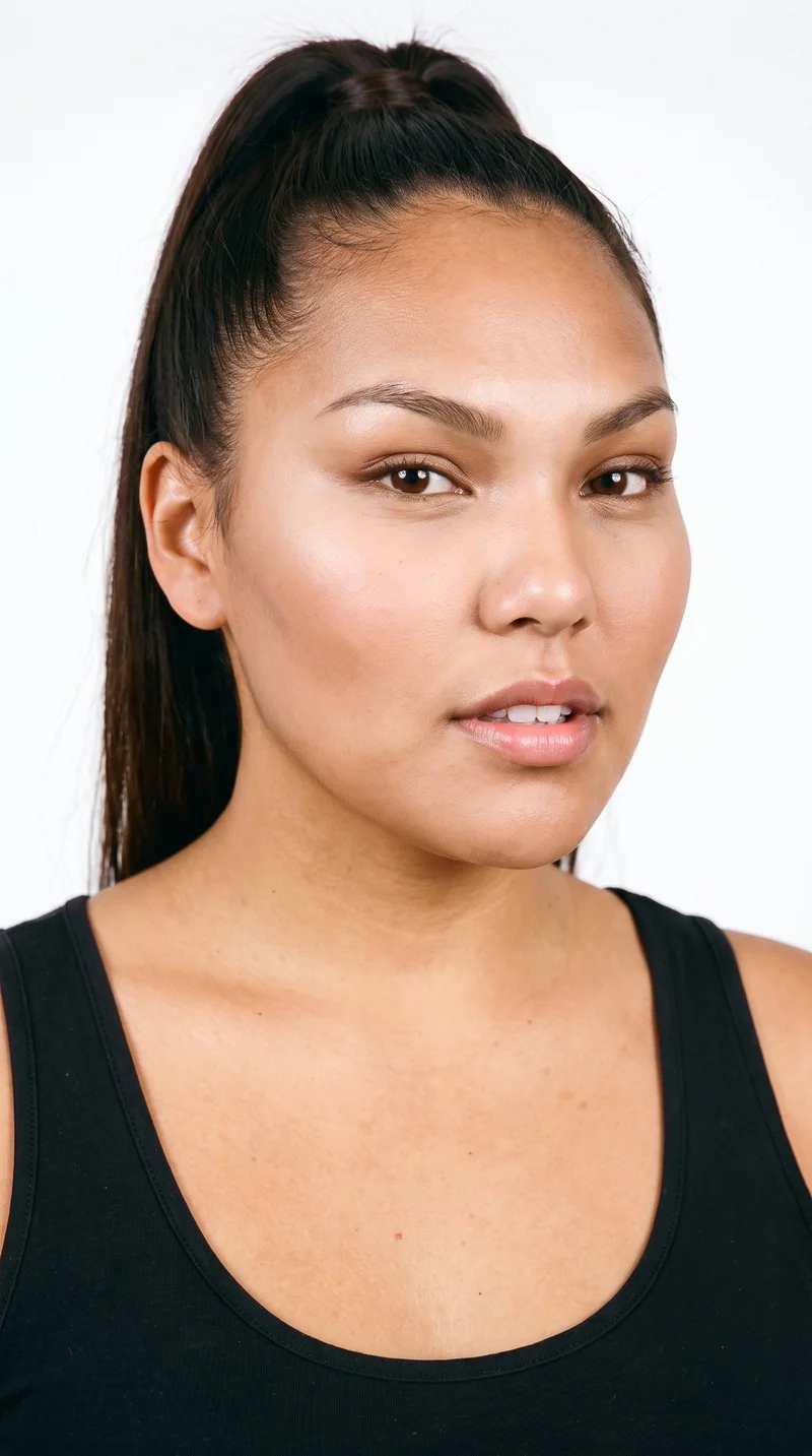 A 22-year-old Indigenous American woman with golden-brown skin and a red-copper undertone. Her heart-shaped face has a wider forehead that narrows to a more pointed chin, with medium-thickness eyebrows, brown eyes, and full lips. Her dark-brown hair is pulled into a high ponytail on the crown of her head.