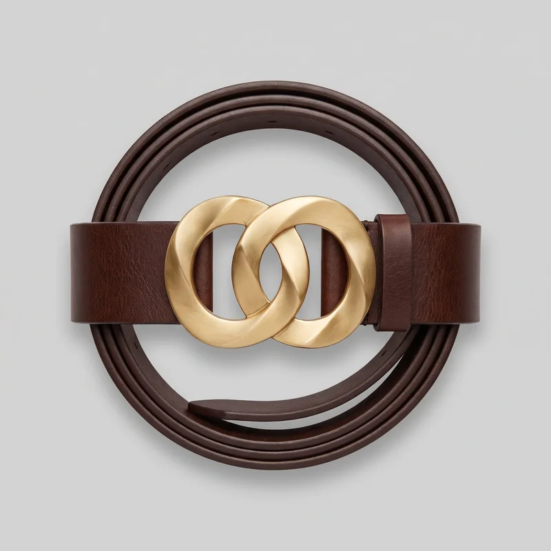 A standalone wide flat waist belt is shown coiled behind a straight front section. The centered fastening features a prominent double interlocking oval ring buckle with softly rounded raised bands and open centers, accompanied by a narrow keeper loop. Rounded strap edges and a row of punched adjustment holes are visible along the inner curve.