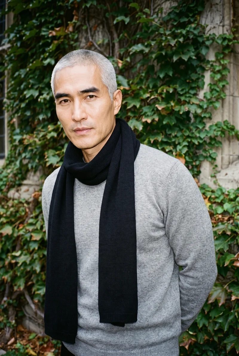 Men's Black Wool Scarf, Upper body at Three-quarter, Natural E-Commerce lighting