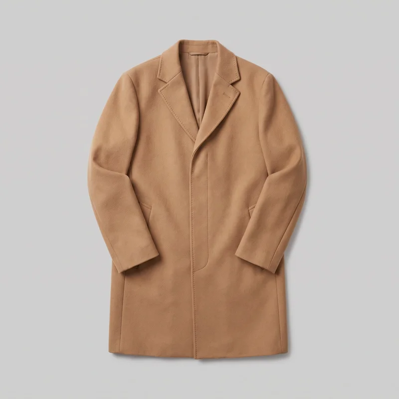 A camel wool long overcoat is laid flat in a mostly complete front view. It has structured shoulders, full-length sleeves with plain cuffs, notched lapels with a lapel buttonhole, an overlapping concealed placket, slanted welt pockets, visible seam details, and a straight hem.