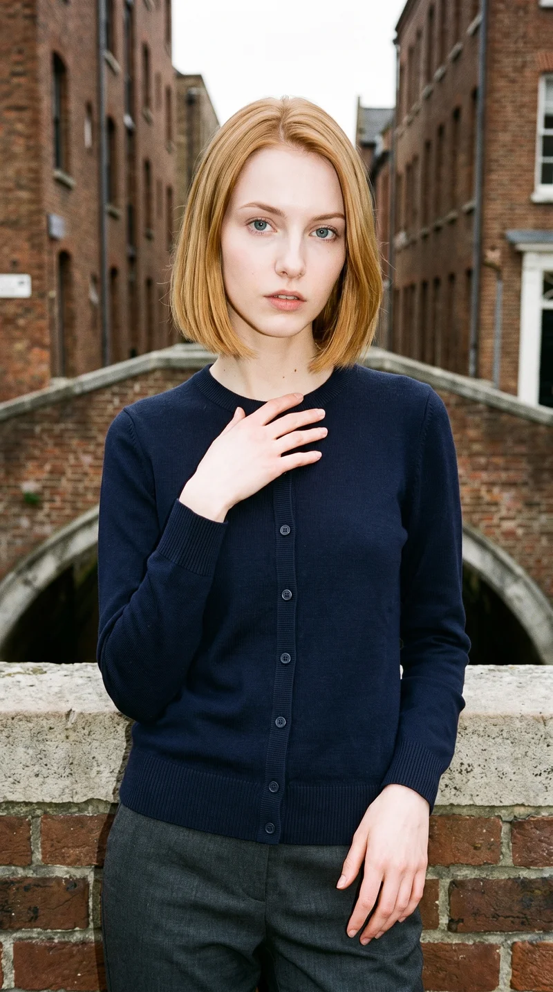 A 20-year-old Caucasian woman is shown from the upper body in a front view, wearing a women's navy wool cardigan with her fingers held at her chest. She has a soft facial expression, with a bridge-framed urban view as the backdrop.