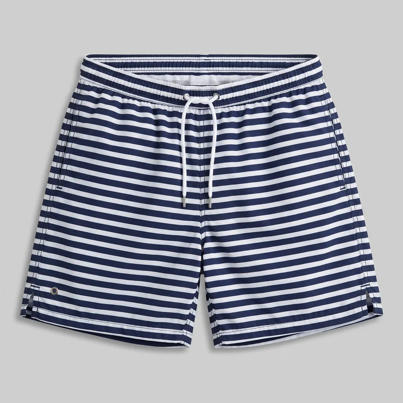 Standalone front view of relaxed striped swim shorts with an all-over horizontal stripe print, straight legs, an elasticated waistband, and a front drawcord threaded through metal eyelets. The full outline is mostly visible, including the center front seam, stitched side seams with pocket openings, straight hems with small outer side vents, and a metal drainage eyelet near one lower leg.