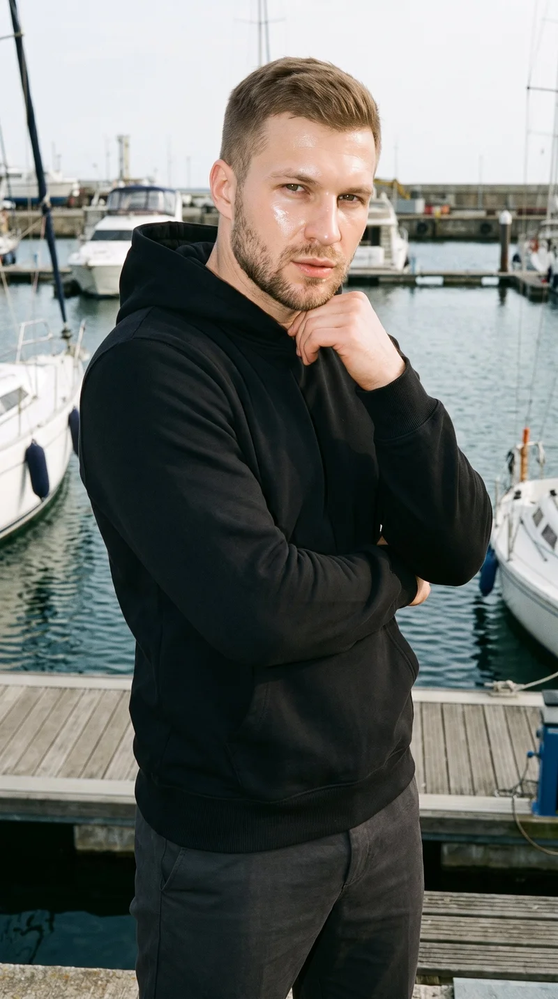 A 25-year-old Slavic male model wears a black pullover hoodie in an upper-body, angled-front view. His wrist is positioned at his jaw, with an editorial facial expression, against a golden marina yacht harbor backdrop.