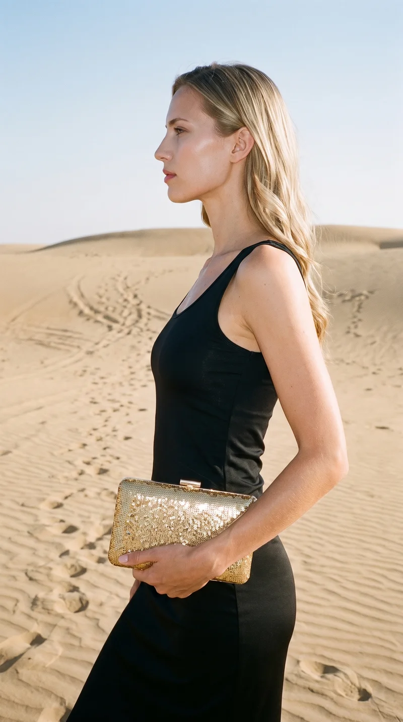 A 25-year-old Caucasian woman is shown in an upper-body side view with relaxed arms and a confident expression, holding a gold sequin clutch. A sand dunes footprints backdrop is visible behind her.