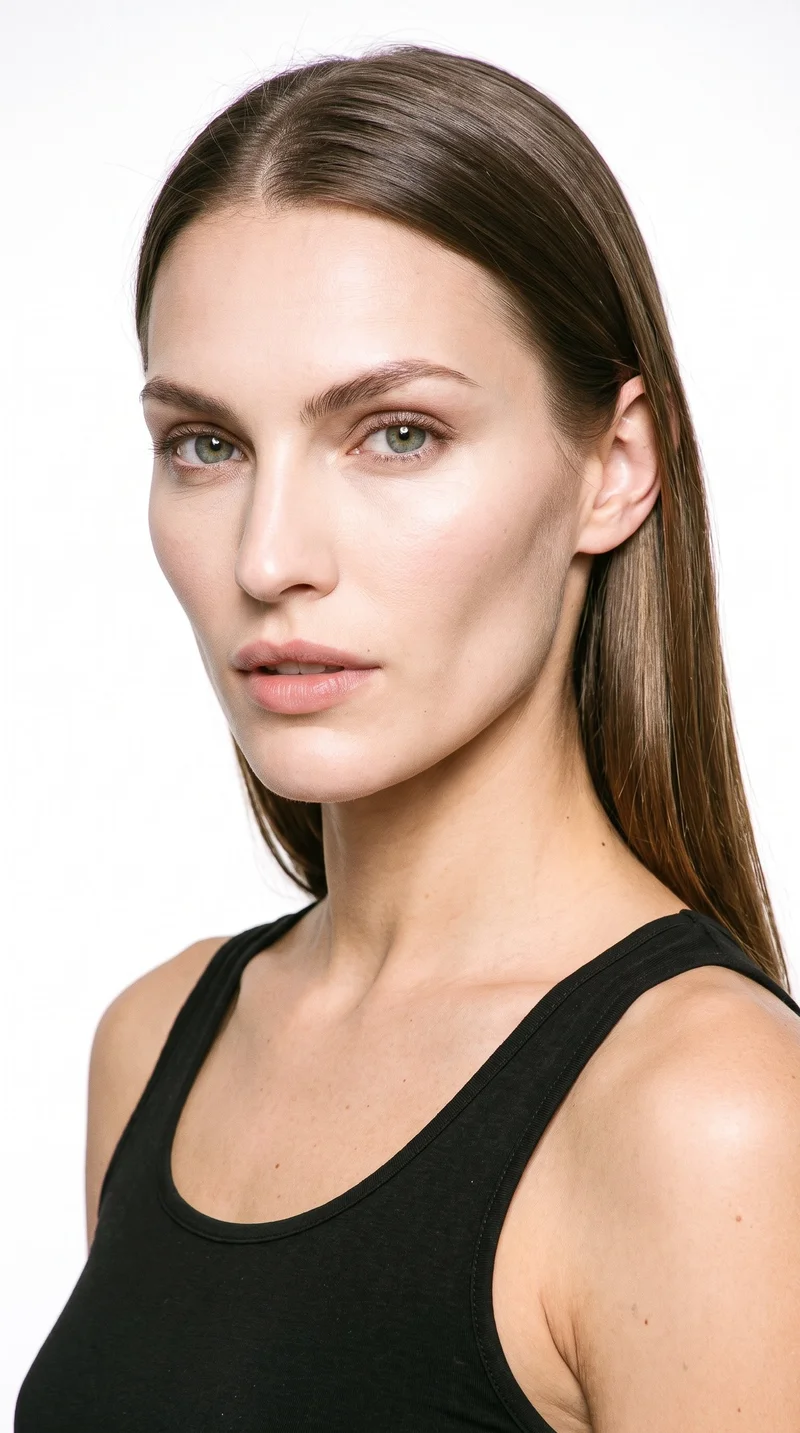 A 25-year-old Caucasian woman with lightly tanned fair skin and a neutral undertone. Her face has sharp, defined cheekbones and jawline, creating an angular structure. She has medium-thickness eyebrows, cool clear grey eyes, and thin lips. Her dark-blonde hair is straight, smooth, and divided evenly at the centre.