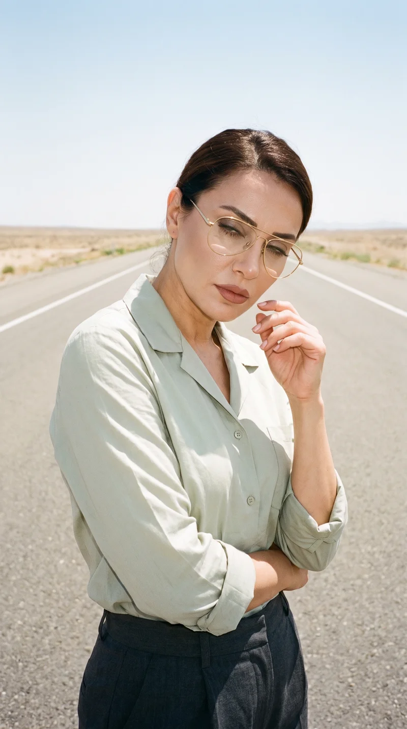 Women's Gold Metal Optical Frame, Upper body at Three-quarter, Clean Catalog lighting