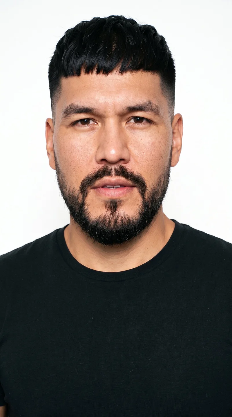 This 38-year-old Indigenous American man has brown skin with a warm golden undertone. His rugged face has weathered, characterful features and a heavy jaw. He has medium-thickness eyebrows, brown eyes, and full lips. His deep black hair is styled in a French crop with short sides and a short, blunt fringe. A full beard grows evenly and continuously across his cheeks, jaw, and chin.