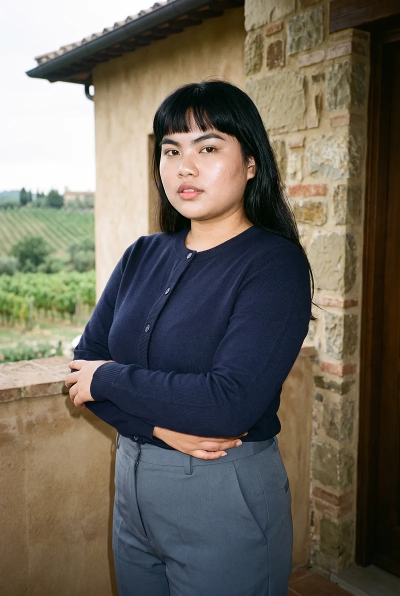 A 21-year-old Southeast Asian woman wears a women's navy wool cardigan in an upper-body view. She is shown from a front three-quarter angle with her forearms folded and a neutral expression. An Italian villa terrace forms the backdrop.