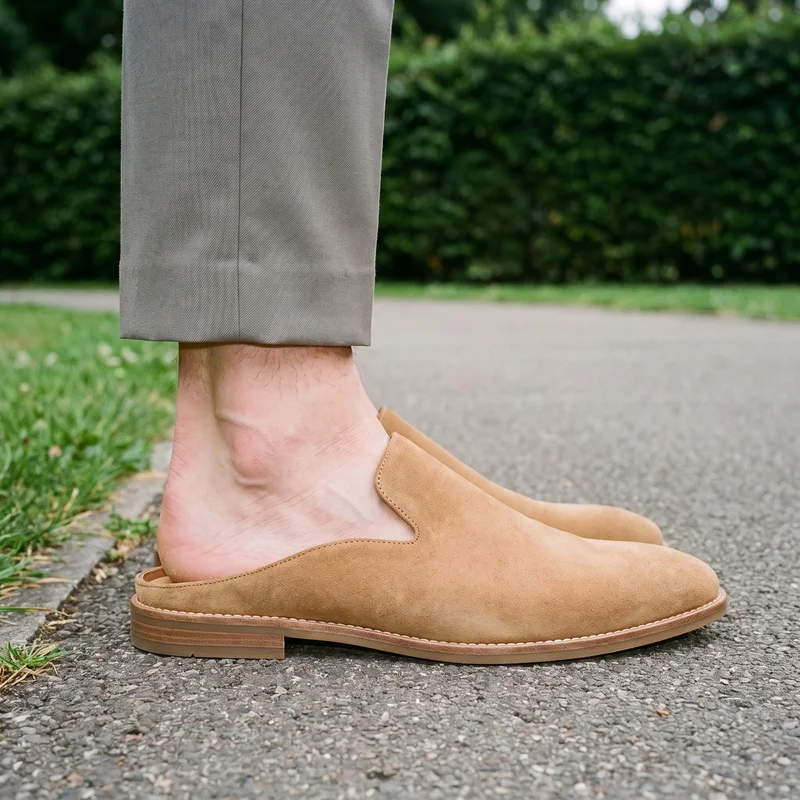 A men's tan suede mule is shown in an ankle-framed side view with the toe pointed. A park pathway forms the backdrop.