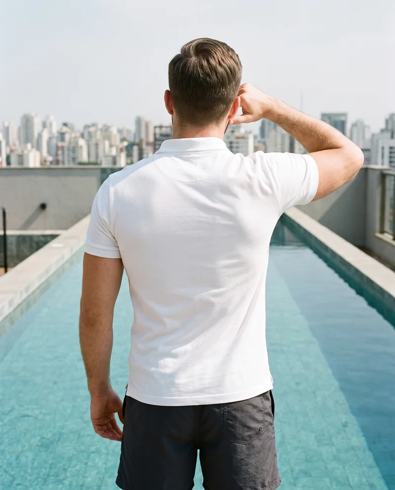 A 21-year-old Caucasian man is shown in an upper-body back view wearing a white polo shirt, with one hand raised to his temple. A rooftop infinity pool backdrop is visible.