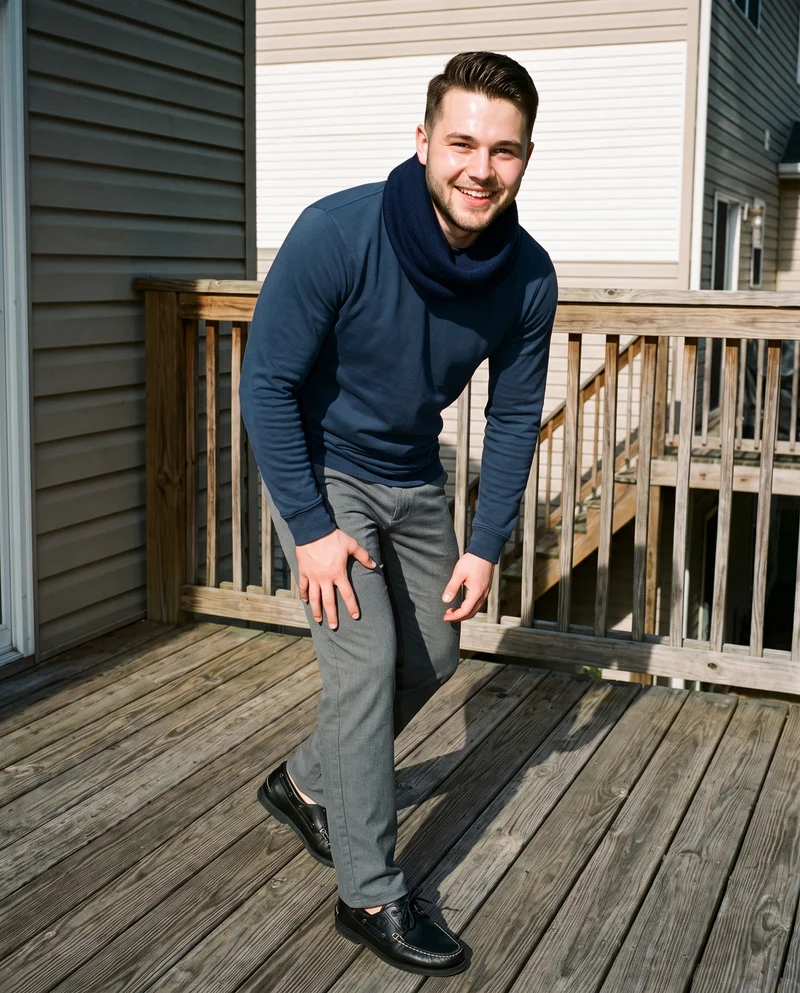 Men's Navy Snood, Full body at Three-quarter, Flash Editorial lighting