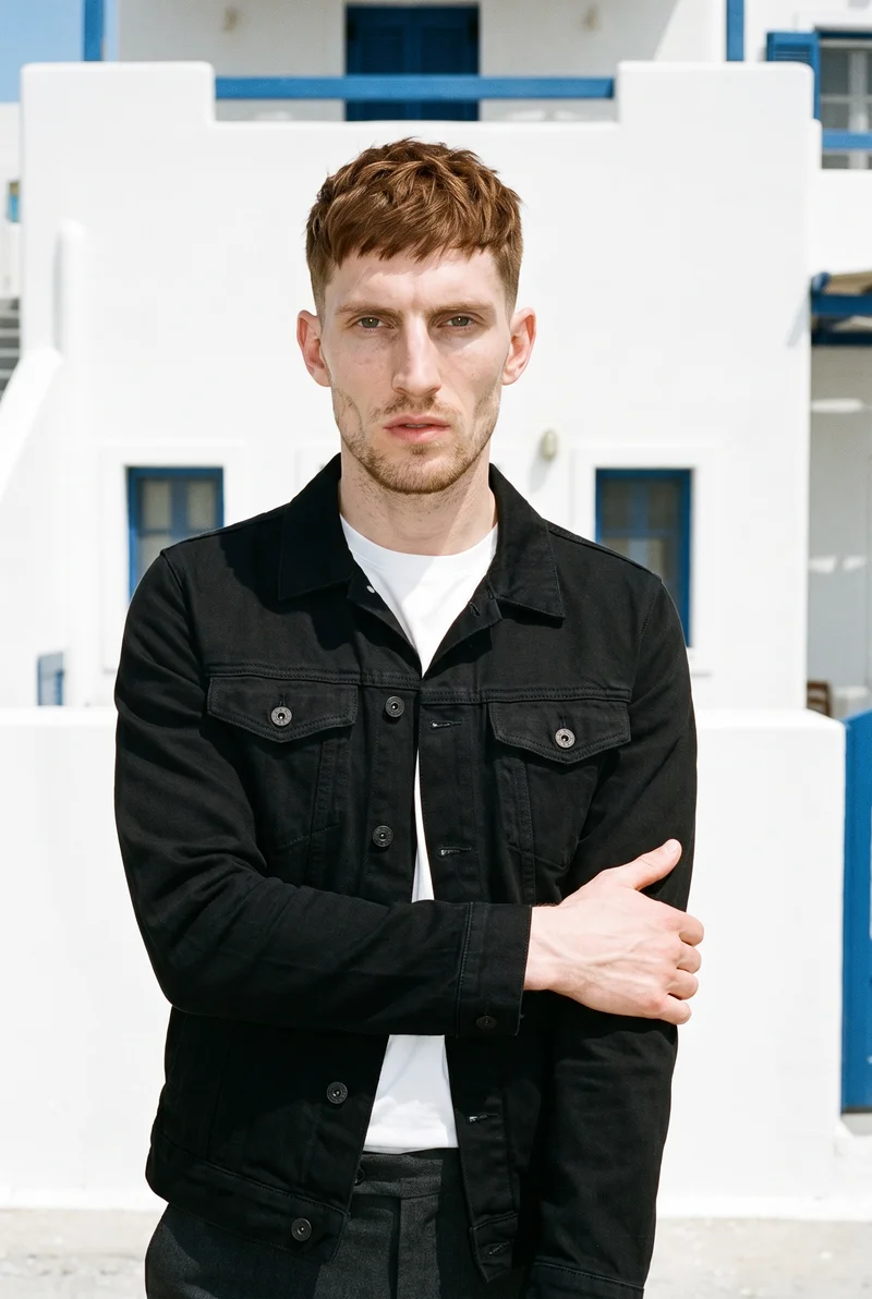 A 30-year-old Caucasian man wears a black denim jacket in an upper-body front view. He holds one elbow and has a serious expression, with a Greek Villa White Blue backdrop.