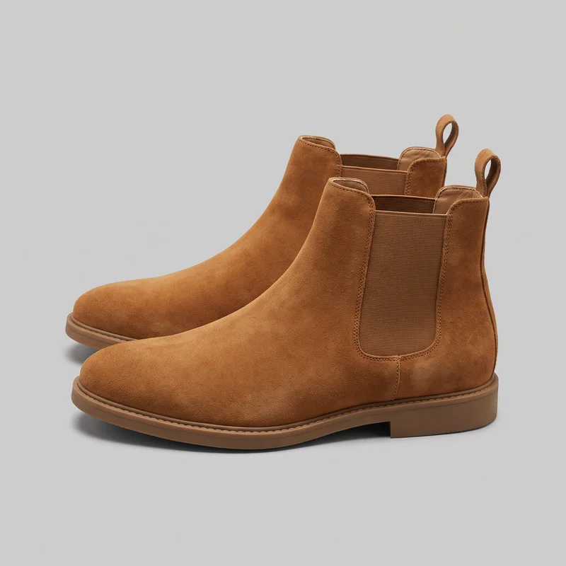 A matching pair of tan suede Chelsea ankle boots is shown alone in a three-quarter side view. The boots have rounded toes, ankle-height pull-on shafts, broad elastic side gussets, rear pull loops, low block heels, raised outsoles, and visible stitching along the panels and sole edges.