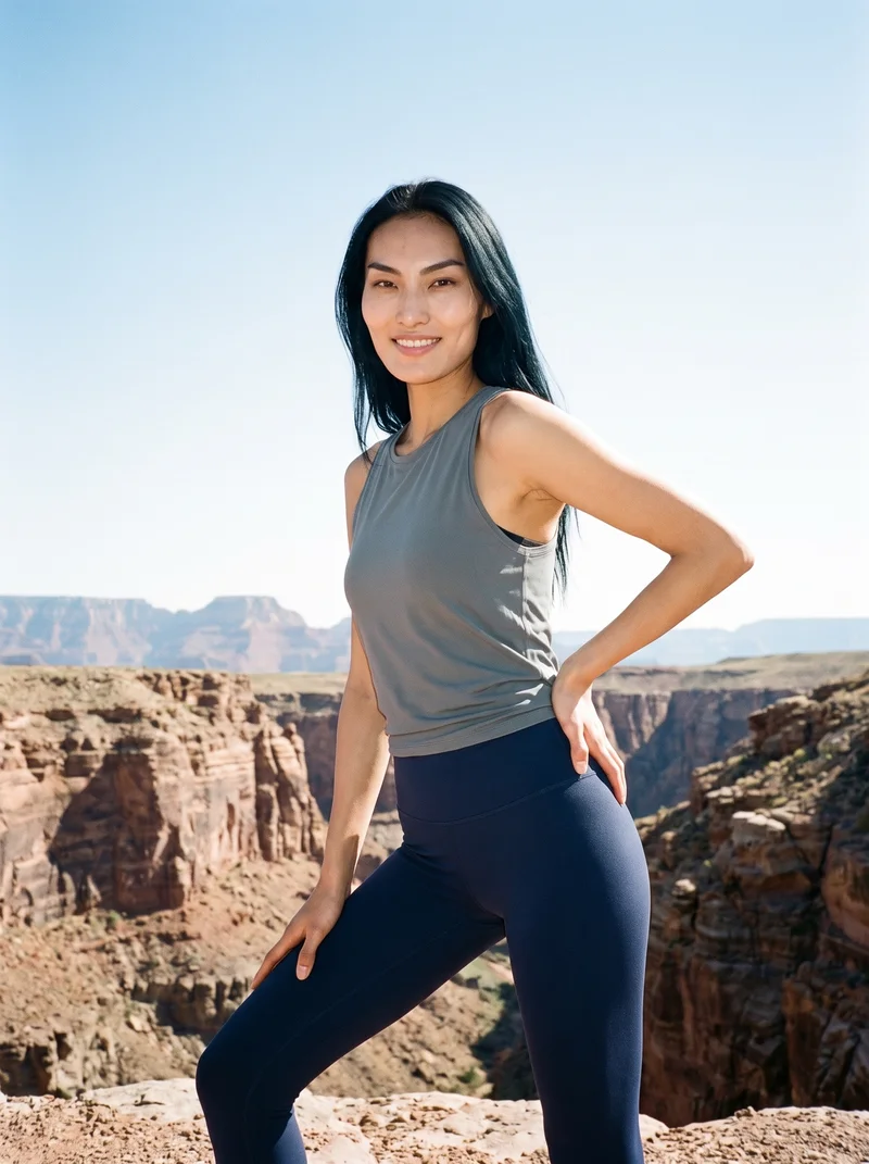 A 24-year-old Chinese woman wears navy leggings in a three-quarter-length view. She is shown from a front three-quarter angle with a waist twist and a smile, against a canyon-edge backdrop.