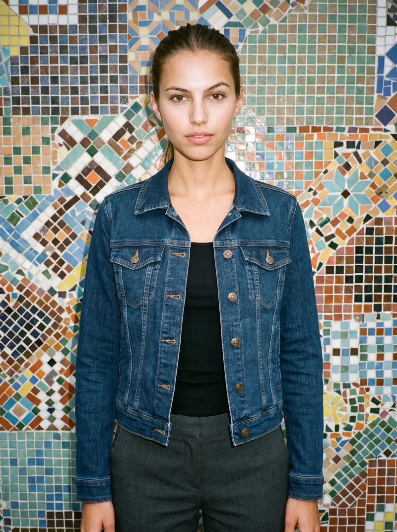 A 21-year-old Caucasian woman is shown from the front in an upper-body view wearing a women's indigo denim jacket. Her arms are relaxed and her expression is curious. A Barcelona Modernist Building forms the backdrop.