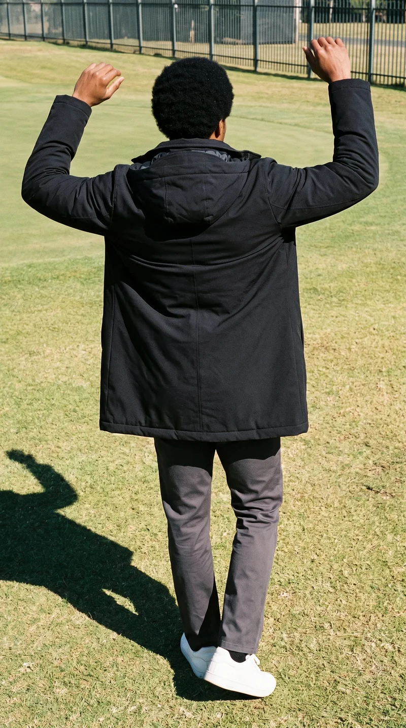 Men's Black Parka, Full body at Back, Flash Editorial lighting