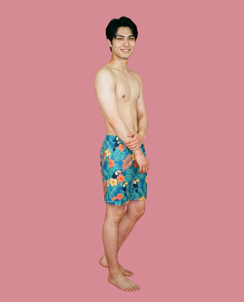 Tropical Print Board Shorts, Full body at Three-quarter, Studio Cutout lighting