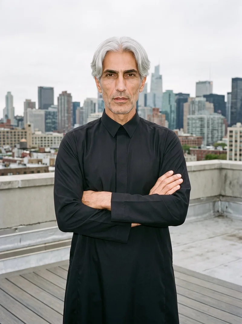 A 58-year-old Arab man wears a black thobe in an upper-body front view, standing with his arms crossed and a neutral expression. A warehouse rooftop skyline serves as the backdrop.
