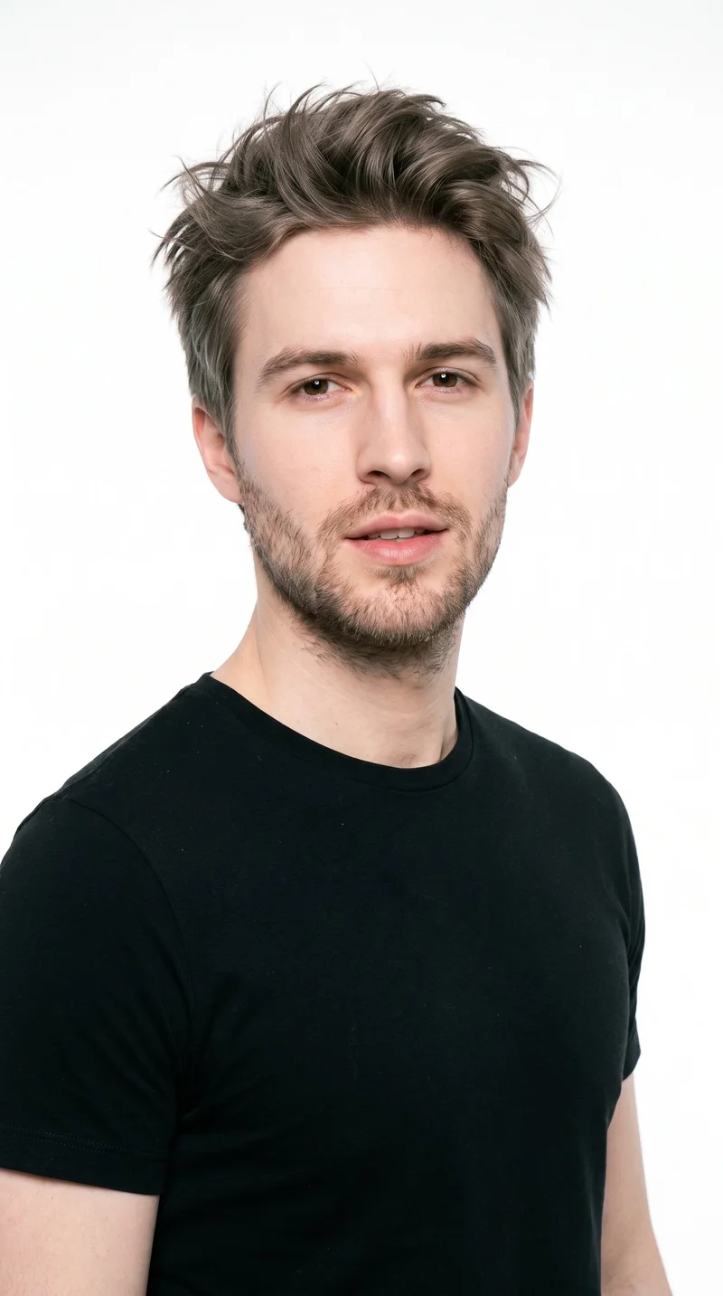 A 25-year-old Caucasian man with porcelain skin and a peach undertone has an oval face with balanced proportions and a softly rounded jaw. His thin eyebrows frame brown eyes, and his lips are medium in fullness. His ash-brown hair has a cool undertone and a tousled style with deliberately undone texture and natural movement. Dense heavy stubble forms a dark, defined layer across the beard area.