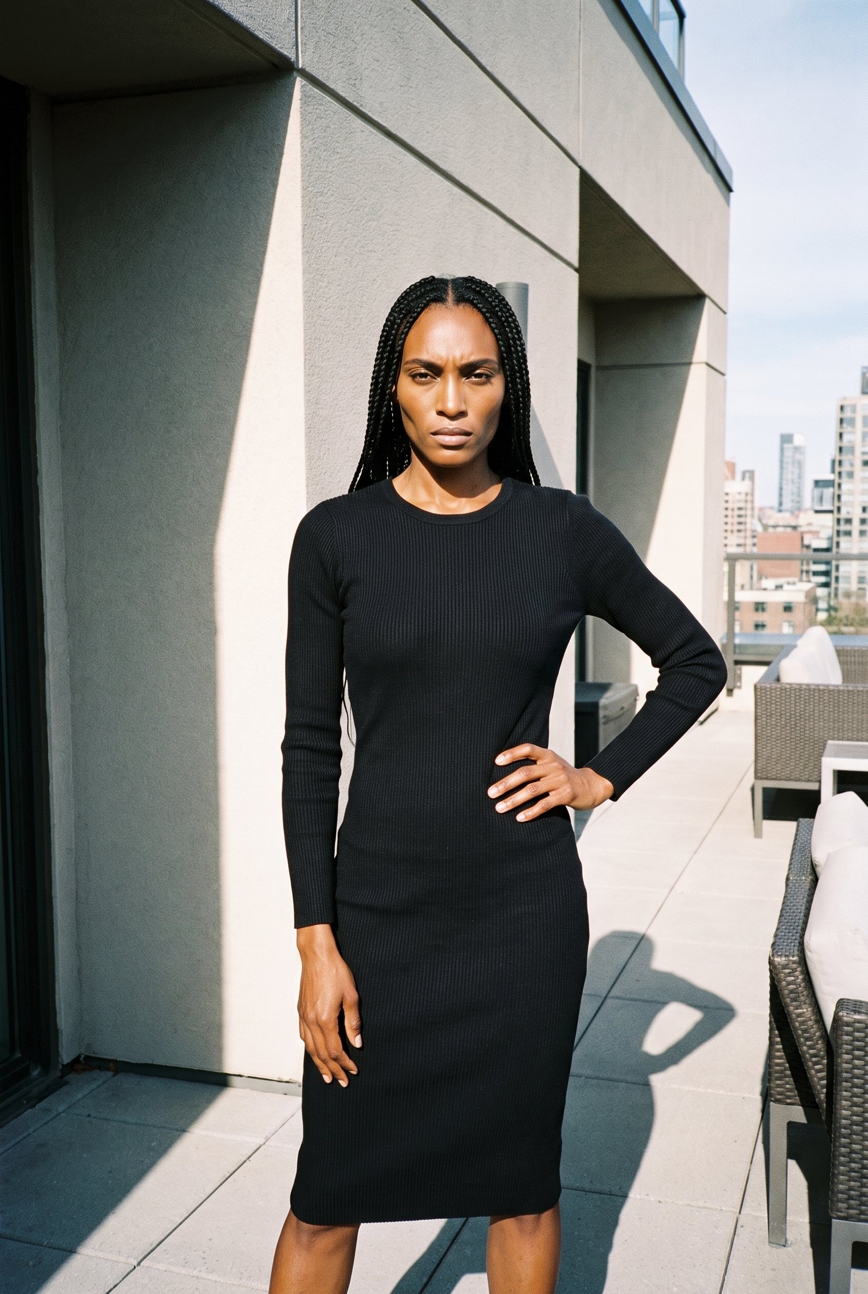 A 36-year-old African woman wearing a black ribbed sweater dress is shown in a three-quarter-length front view with one hand on her hip and an intense expression. A penthouse terrace serves as the backdrop.