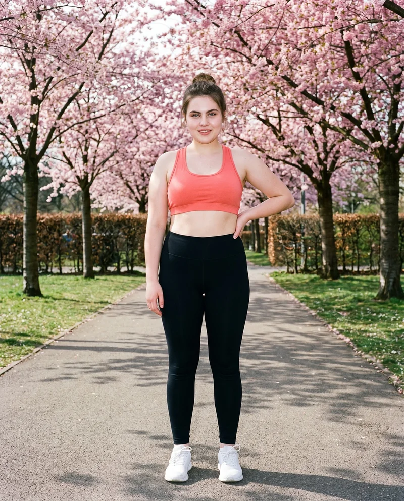 A 20-year-old Slavic woman is shown full body from the front wearing a coral racerback sports bra. She stands with one hand on her hip and a natural facial expression, against a Cherry Blossom Park backdrop.
