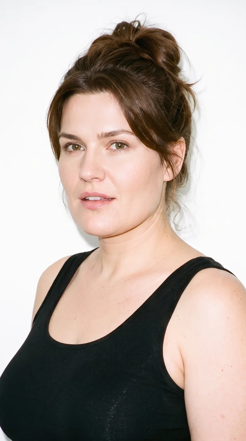 A 41-year-old Slavic woman with fair skin and a neutral undertone has a square, angular face defined by a strong jaw and broad forehead. She has thin eyebrows, hazel eyes with green-gold flecks, and full lips. Her brown hair is gathered into a loose messy bun with softly undone strands.