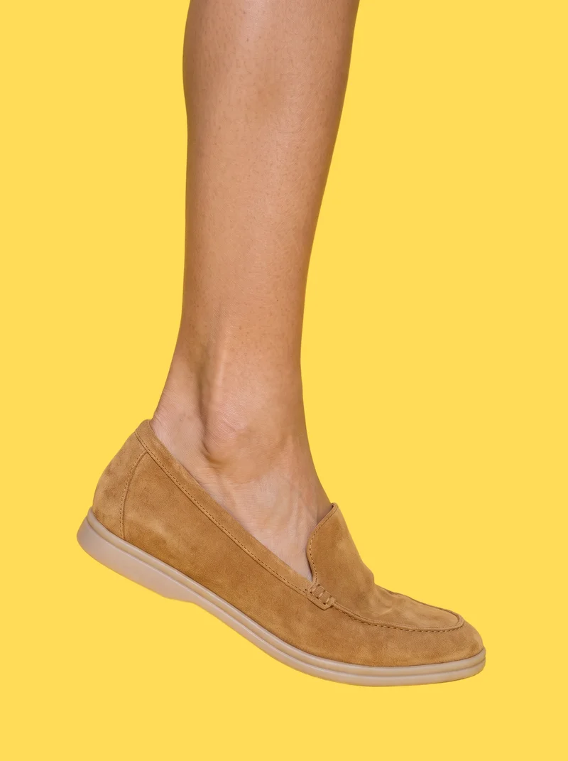 Women's Tan Suede Loafers, Ankle at Side, Studio Cutout lighting