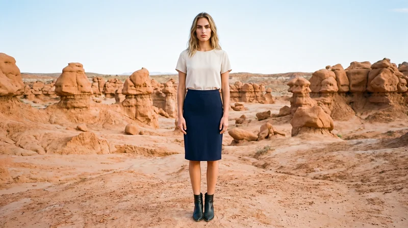 A 19-year-old Caucasian female model wears a navy pencil skirt in a front-facing environmental view, with her hands held in front and a neutral expression. Bryce Canyon hoodoos form the backdrop.
