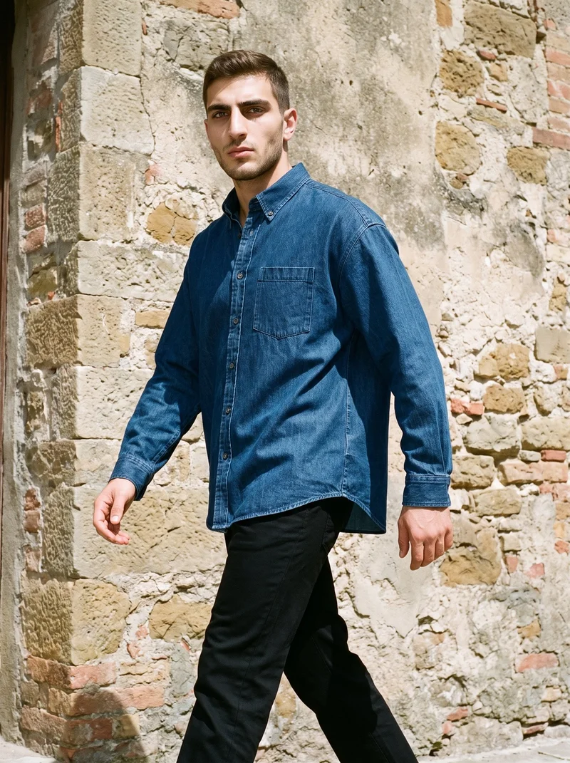 A 22-year-old Arab man wears an oversized denim shirt while walking in an angled front view. The 3/4-length composition shows him against a Tuscany hilltop village backdrop, with a confident facial expression.