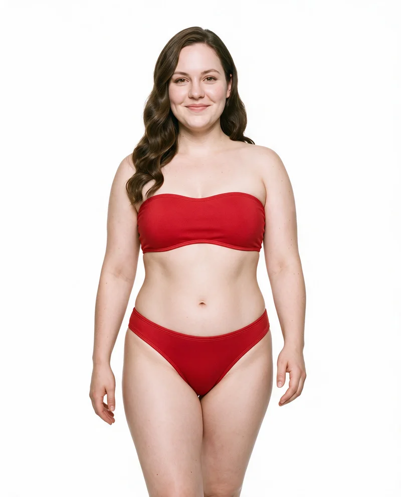 A 30-year-old Caucasian woman wearing a red bandeau bikini is shown from the front in a three-quarter-length view while walking. Her natural expression is visible against a pure white backdrop.