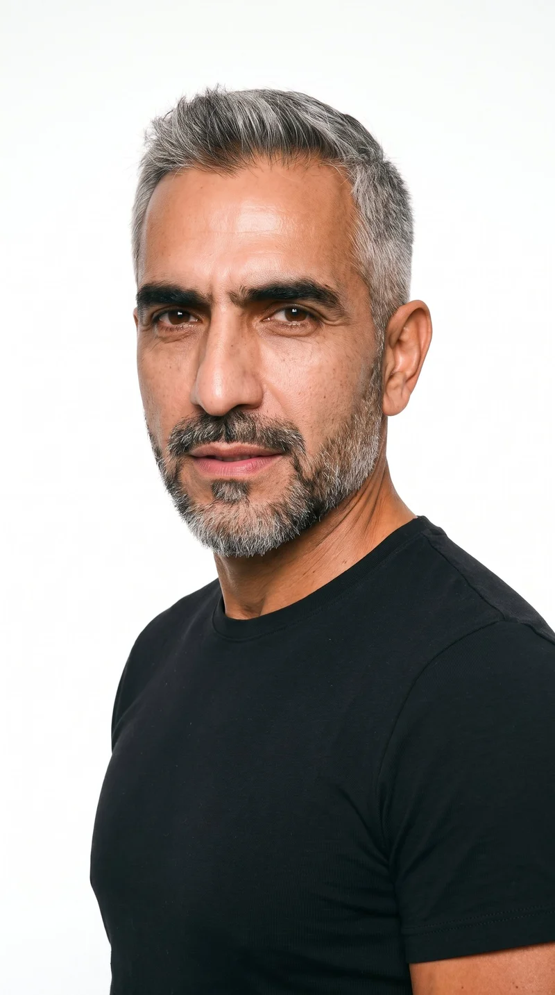 A 53-year-old Hispanic man with a copper-brown complexion and warm golden, reddish-copper undertones. His Roman face has strong classical features, a prominent nose line, and a defined jaw. He has thick eyebrows, very dark near-black eyes, and full lips. His gray hair is styled in a short tapered crew cut, slightly longer on top than at the sides. A short, full beard is evenly trimmed with clean cheek and neckline edges.
