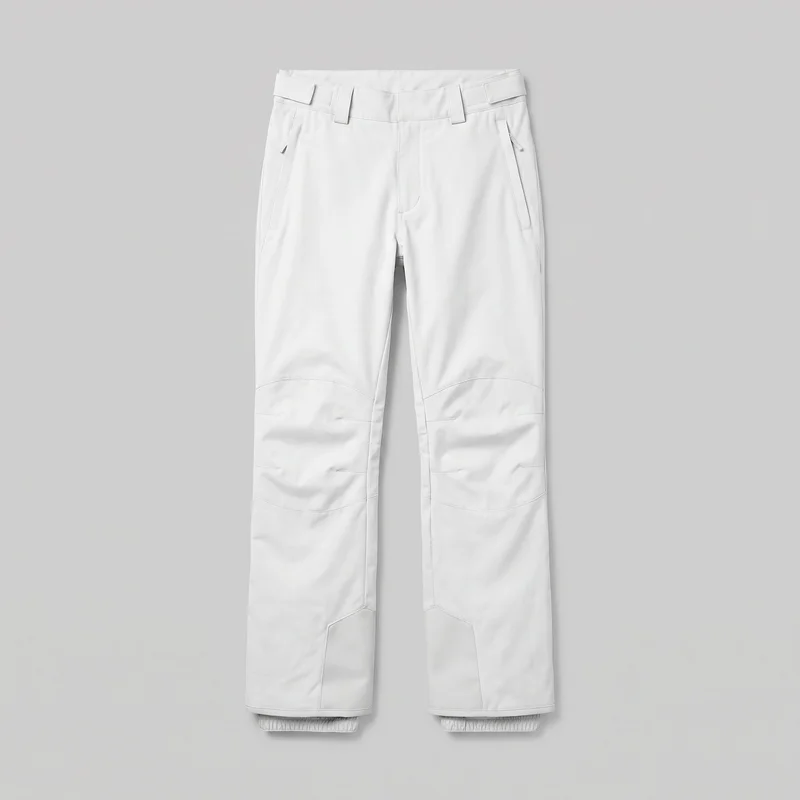 Men's white shell ski trousers shown laid flat in a complete front view. The full-length pants have a structured waistband with belt loops, a front fly outline, angled zip pockets at both hips, side waist adjustment tabs, articulated knee seams, reinforced lower-leg panels, and straight hems with inner elastic gaiter edges visible below.