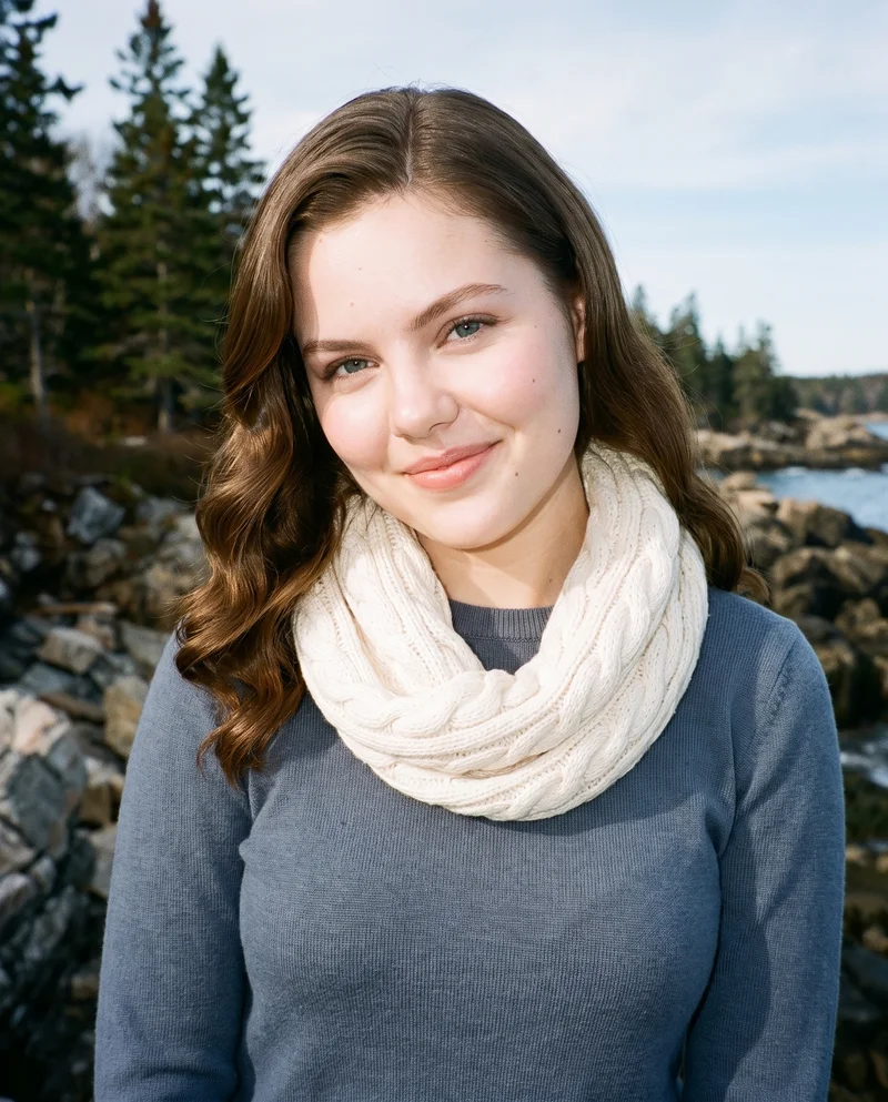 Women's Cream Cable-Knit Snood, Bust at Three-quarter, Flash Editorial lighting
