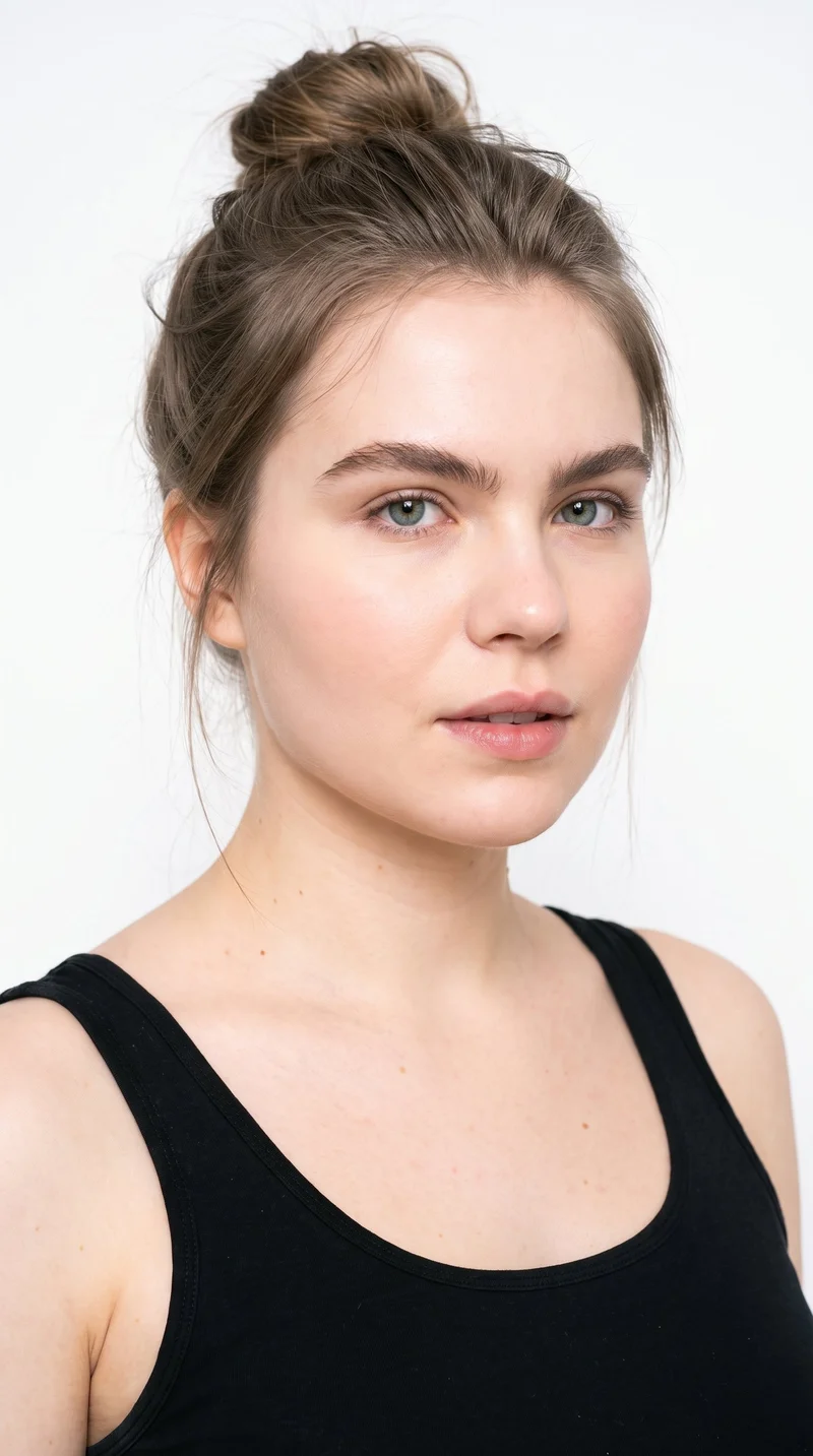 A 23-year-old Slavic woman with fair skin and a peach undertone has a soft, youthful baby face with full cheeks and rounded contours. She has thick eyebrows, blue eyes with a cool undertone, and thin lips. Her ash-brown hair is gathered into a loose, messy bun with softly undone strands.