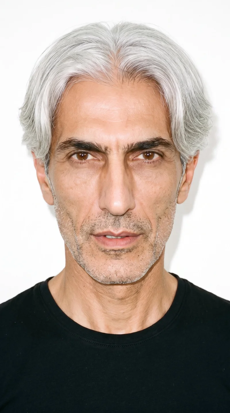 A 58-year-old Arab man with lightly tanned skin and an olive-green undertone. His gaunt face has hollowed cheeks and sharply defined bone structure, with thick eyebrows, brown eyes, and medium-sized lips. His silver-grey hair is parted at the centre and falls evenly to both sides, and he has short, even three-day beard growth with a closely groomed texture.