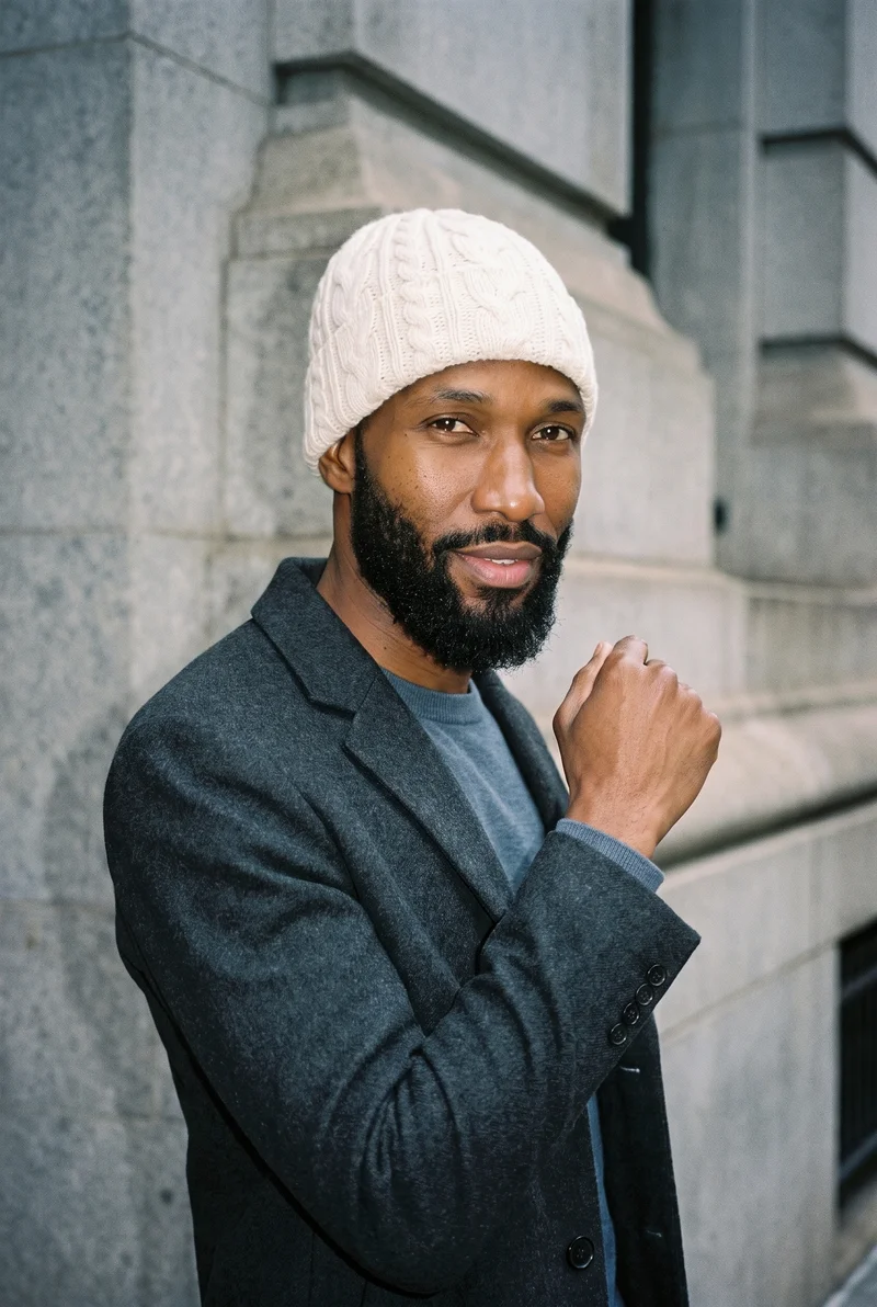 A 35-year-old African man is shown in a bust-length front three-quarter view, smiling with his wrist resting at his jaw. He wears a cream cable-knit beanie. The backdrop is a Financial District urban canyon.