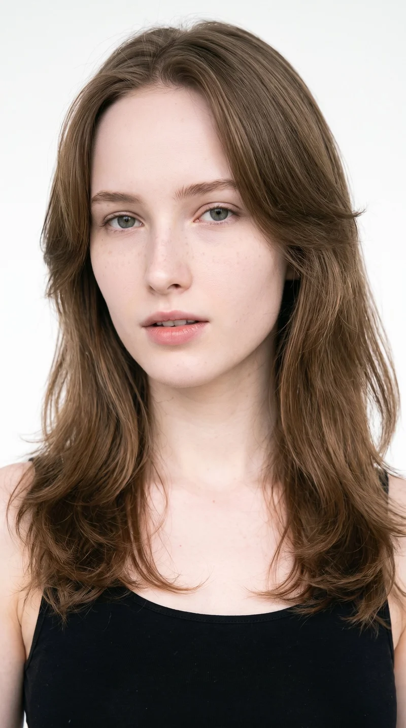 A 19-year-old Slavic woman with porcelain skin and a cool undertone has a long face, characterized by a tall forehead and elongated cheeks. She has medium-thickness eyebrows, cool clear grey eyes, and thin lips. Her neutral brown hair is styled in a layered butterfly cut with shorter face-framing pieces and added volume.