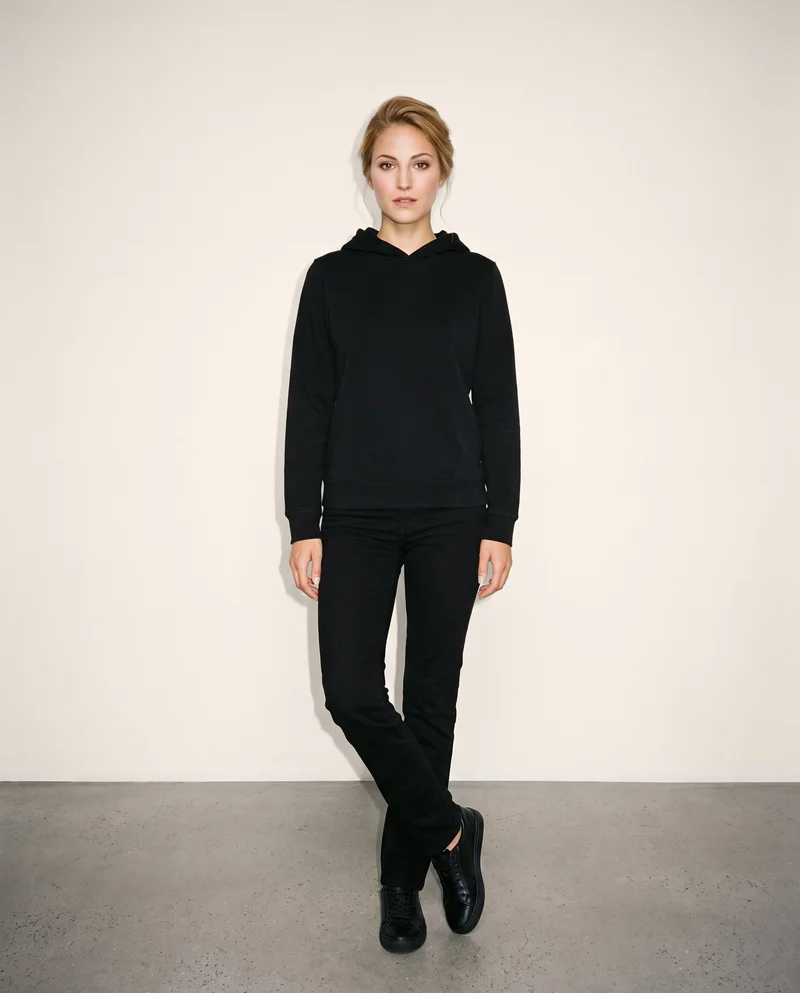 A 21-year-old Caucasian woman wears a black pullover hoodie in a full-body front view, standing with her ankles crossed and a neutral expression. A London Fog studio-wall backdrop fills the background.