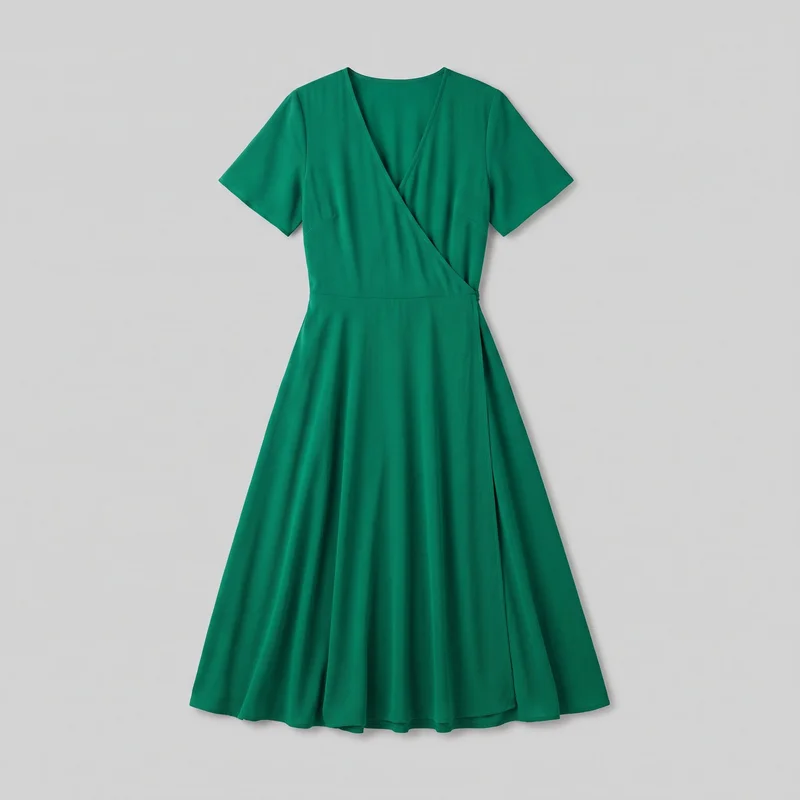 An emerald green women's wrap-style fit-and-flare dress is shown in a complete standalone front view. It has a deep V surplice neckline, short set-in sleeves, a tailored bodice with a defined horizontal waist seam, and an overlapping wrap front extending into the skirt. The midi-length skirt has a wide A-line sweep and an even hem.