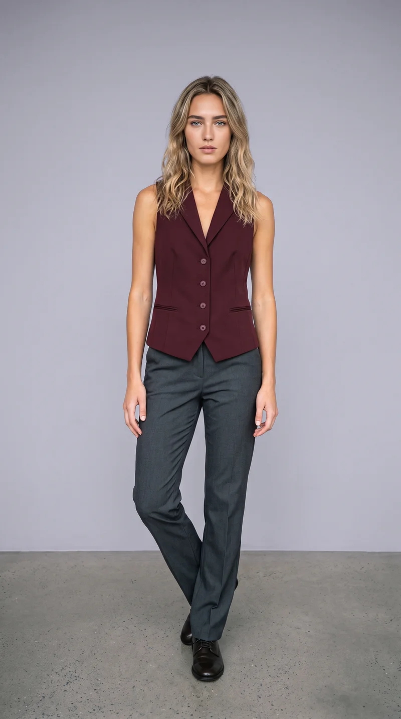 A 19-year-old Caucasian woman wears a burgundy waistcoat in a full-body front view. She stands in a relaxed pose with a neutral expression against a lavender-grey studio-wall backdrop.